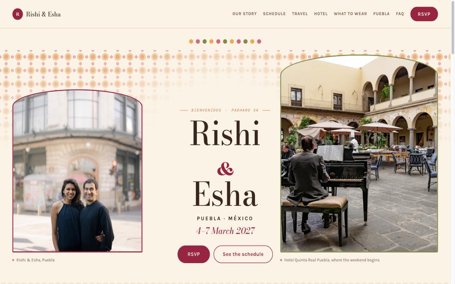 Rishi & Esha wedding website for their celebration in Puebla, México.